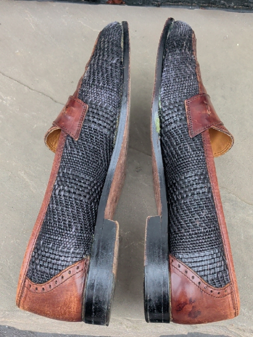 Johnston&Murphy/Made In Italy Men's Brown Leather & Charcoal Woven Penny Loafers - Picture 11 of 14